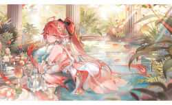 1girl ahoge bare_shoulders black_bow bow braid breasts changli_(laurel_nymph)_(wuthering_waves) changli_(wuthering_waves) chinese_commentary colored_extremities commentary_request cup dress drinking_glass feather_hair food from_side hair_bow hair_extensions highres kuuus large_breasts long_hair looking_at_viewer official_alternate_costume pink_hair ponytail red_hands ring_hair_extensions solo twin_braids very_long_hair white_dress white_hair wuthering_waves yellow_eyes