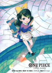 Rule 34 | 1girl, apron, baby 5, black hair, black shoes, blue eyes, bow, commentary request, copyright name, dress, hair bow, long hair, muraicchi (momocchi), official art, one piece, one piece card game, open mouth, outdoors, purple dress, shoes, sitting, smile, solo, swept bangs, white apron, yellow bow