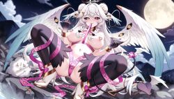 1girl angel_wings black_thighhighs breasts chest_harness closed_mouth feathered_wings full_moon harness heart heterochromia high_heels highres indie_virtual_youtuber kiyochii large_breasts long_hair looking_at_viewer moon navel navel_piercing nipple_piercing piercing red_eyes shoes smile solo squatting stomach thighhighs very_long_hair virtual_youtuber white_hair white_shoes wings yellow_eyes