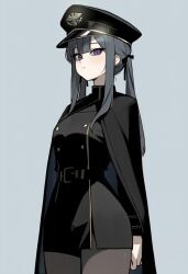 1girl belt black_belt black_hat black_pantyhose black_ribbon borrowed_character closed_mouth grey_background grey_hair hair_ribbon hat highres long_hair looking_at_viewer military_uniform original pantyhose peaked_cap portia_(gogalking) purple_eyes ribbon rusellunt simple_background solo twintails