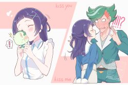 Rule 34 | !, !?, 1boy, 1girl, aokaze nana, arm behind back, artist logo, artist name, bare arms, blue eyes, blue hair, blue shirt, blunt bangs, blush, closed eyes, closed mouth, collarbone, couple, earrings, facing back, frilled shirt, frills, gradient hair, green hair, green jacket, green pants, hair ornament, hairpin, half up bun, heart, heart-shaped pupils, highres, holding, holding stuffed toy, jacket, jewelry, kimi to idol precure, kiss, kyoutsuugengo, logo, long hair, long sleeves, mature male, midriff peek, multicolored hair, neck, nervous, nervous sweating, open clothes, open jacket, pants, parted bangs, pink background, precure, shirt, sideways face, sleeveless, sleeveless shirt, straight hair, stuffed toy, surprised, sweat, sweatdrop, symbol-shaped pupils, teeth, twitter username, upper body, upper teeth only, v-shaped eyebrows, watermark, white shirt, zakkuri (precure), zakkurin (fairy) (precure)