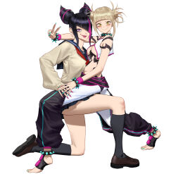 2girls absurdres aqua_nails black_hair black_socks blonde_hair blunt_bangs blush boku_no_hero_academia bracelet breasts brown_eyes brown_shoes capcom choker cosplay costume_switch crazy_eyes crossover eyelashes feet female_focus fingernails from_side full_body hair_over_one_eye han_juri highres holding_hands jewelry kneehighs kneeling lipstick long_fingernails long_sleeves looking_at_viewer looking_to_the_side lowleg lowleg_pants makeup matching_hair/eyes medium_breasts miniskirt multiple_girls nail_polish neckerchief pants pleated_skirt purple_eyes purple_nails red_neckerchief sailor_collar school_uniform serafuku shirt shoes simple_background sitting sitting_on_person skirt sleeveless sleeveless_shirt smile socks spiked_anklet spiked_bracelet spiked_choker spikes stirrup_legwear street_fighter sweater toeless_legwear toga_himiko trait_connection tsurime underboob v vest white_background white_pants wonbin_lee yellow_eyes