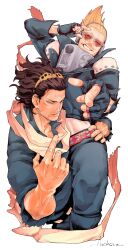 Rule 34 | 2boys, achio888, adam&#039;s apple, aizawa shota, beckoning, belt, black jacket, black pants, blonde hair, boku no hero academia, facial hair, fingerless gloves, gloves, goggles, goggles on head, grin, headphones, highres, hugging another&#039;s leg, jacket, male focus, midriff, multiple boys, mustache, mustache stubble, pants, present mic, red eyes, scar, scar on face, scarf, short hair, signature, simple background, smile, sparse stubble, stubble, studded belt, veins, veiny arms, white background, white scarf, yaoi