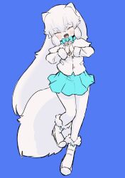 1girl animal_ears arctic_fox_(kemono_friends) blue_bow blue_bowtie blue_skirt blush boots bow bowtie capelet closed_eyes coat fang fox_ears fox_girl fox_tail fur_trim gloves hair_between_eyes highres interlocked_fingers kemono_friends long_hair nenkou-san open_mouth pantyhose pleated_skirt sidelocks skirt smile solo standing standing_on_one_leg tail white_boots white_capelet white_coat white_fur white_gloves white_hair white_pantyhose winter_clothes winter_coat
