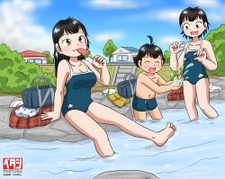 1boy 2girls :3 ahoge arm_support bag barefoot black_hair blue_bow blue_male_swimwear blue_one-piece_swimsuit blue_school_swimsuit blue_swim_trunks blush bow bow_panties breasts brown_eyes brown_shorts bush cleavage closed_eyes cloud collarbone fang flat_chest food grass highres holding holding_food holding_popsicle house ice_cream loli long_hair looking_at_another male_swimwear male_underwear marup medium_breasts multiple_girls navel one-piece_swimsuit open_mouth original panties pink_bow plaid_clothes plaid_skirt polka_dot polka_dot_panties polka_dot_underwear popsicle red_skirt river rock saki-chan_(marup) school_bag school_swimsuit shirt short_hair shorts sitting skirt sky smile soaking_feet stairs standing sumomo_(marup) swim_trunks swimsuit topless_male tree underwear unworn_panties unworn_shirt unworn_shorts unworn_skirt water watermelon_bar white_briefs white_male_underwear white_panties white_shirt