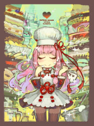 1girl apron black_dress black_pantyhose blunt_bangs border bowl cake chef_hat closed_eyes commentary_request dress food food_on_face food_on_hand gradient_hair hair_ribbon hat heart holding holding_whisk konno_takashi kotonoha_akane long_hair long_sleeves milk_carton multicolored_hair pantyhose pink_hair purple_hair red_ribbon ribbon smile solo sparkle very_long_hair voiceroid whisk white_apron