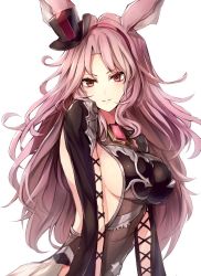 10s 1girl animal_ears arm_support backless_outfit breasts brooch catharine_(granblue_fantasy) clothing_cutout erune female_focus fox_ears gem granblue_fantasy hairband hat highres jewelry lace-up_sleeves large_breasts leaning_forward long_hair long_sleeves looking_at_viewer mini_hat mini_top_hat no_bra parted_bangs pink_hair red_eyes see-through_clothes side_cutout sideboob simple_background smile solo star_(symbol) teeth top_hat watao white_background