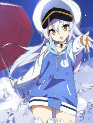 Rule 34 | 1girl, blue hair, blue sky, brown eyes, cloud, gluteal fold, hat, island (game), long hair, long hoodie, ohara rinne, open mouth, peaked cap, reaching, reaching towards viewer, sky, smile, solo, takakura, umbrella, water, white hat