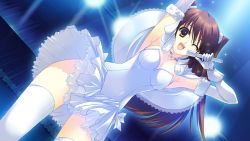 10s 1girl ;d arm_up armpits breasts brown_eyes brown_hair capelet cleavage clothes_lift dress dress_lift dutch_angle female_focus from_below game_cg gloves holding holding_microphone jewelry legs long_hair medium_breasts microphone music necklace ogiso_setsuna one_eye_closed open_mouth singing smile solo strapless strapless_dress two_side_up white_album_(series) white_album_2 white_dress white_gloves wink