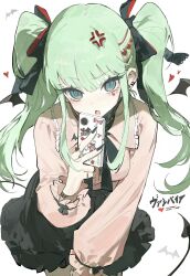 1girl :o @_@ anger_vein black_ribbon black_skirt blue_eyes blue_hair cellphone demon_tail hair_ribbon hatsune_miku highres holding holding_phone jirai_kei kaiaik_(zheliakaina) long_hair mini_wings neck_ribbon phone pink_shirt ribbon shirt simple_background skirt solo tail twintails v-shaped_eyebrows vampire_(vocaloid) vocaloid white_background wings