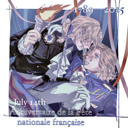 Rule 34 | 2boys, axis powers hetalia, basheli77zaiguofushangxianhaiyou7geyue, bastille day, blonde hair, dated, dual persona, facial hair, france (hetalia), gloves, goatee stubble, hair ribbon, highres, holding, holding torch, jacket, male focus, medium hair, military jacket, military uniform, multiple boys, open mouth, pants, ponytail, purple eyes, ribbon, stubble, torch