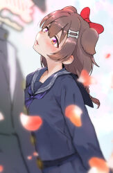 1boy 1girl alternate_costume animal_ears arms_behind_back black_serafuku black_shirt black_skirt blurry blush bone_hair_ornament bow braid breasts brown_eyes brown_hair commentary_request depth_of_field dog_ears dog_girl dog_tail epicrodmad falling_petals gakuran hair_bow hair_ornament hairclip head_back head_tilt highres hololive inugami_korone large_breasts listener_(inugami_korone) looking_at_another looking_up multicolored_eyes neckerchief open_mouth petals pleated_skirt purple_eyes purple_neckerchief red_bow sailor_collar sailor_shirt school_uniform serafuku shirt skirt standing tail twin_braids virtual_youtuber