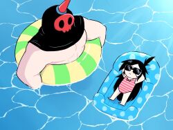 Rule 34 | 1boy, 1girl, :&lt;, arms behind head, asagao (bikaburi), bandage over one eye, black hair, buddy (lisa), caustics, commentary, covered face, english commentary, inflatable raft, innertube, lisa (series), lisa the joyful, long hair, mask, muscular, muscular male, one-piece swimsuit, partially submerged, pink one-piece swimsuit, rando (lisa), scar, scar on face, striped clothes, striped one-piece swimsuit, sunglasses, swim ring, swimsuit, topknot, water