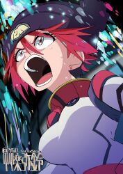 Rule 34 | 1girl, amate yuzuriha, artist name, beanie, black bodysuit, bodysuit, breasts, green eyes, gundam, gundam gquuuuuux, hat, highres, medium breasts, missing commentary, open mouth, red hair, sagara iyori, screaming, short hair, solo, twitter username, upper body
