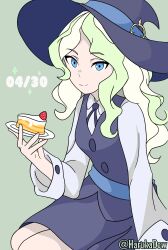 Rule 34 | absurdres, blonde hair, blue eyes, cake, cake slice, commentary, diana cavendish, english commentary, food, harukadew, hat, highres, holding, holding plate, little witch academia, multicolored hair, parted bangs, plate, school uniform, two-tone hair, wavy hair, witch, witch hat
