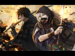 2boys armor black_gloves black_hair bracer dark-skinned_male dark_skin earrings fingerless_gloves gloves holding holding_sword holding_weapon jewelry katana letterboxed male_focus mask mouth_mask multiple_boys outdoors pixiv_fantasia pixiv_fantasia_last_saga sharp_teeth shinonome_shiden stud_earrings sword teeth upper_body weapon white_hair yellow_eyes yukimitsuyui
