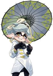 black_gloves coat earrings gloves highres jewelry laz_gm marie_(splatoon) mole mole_under_eye nintendo short_hair smile splatoon_(series) tentacle_hair white_coat white_hair yellow_eyes