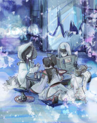 aya_gozen black_hair bottle choko_(cup) coat cup cushion fake_horns food helmet hood hood_up hooded_coat horned_helmet japanese_clothes kimono naoe_kanetsugu nashinomiya newspaper reading sake_bottle sengoku_musou table tassel uesugi_kenshin