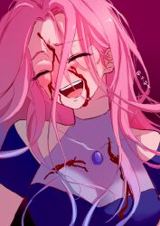 1girl absurdres alien_stage blood blood_on_face blue_dress chinese_commentary closed_eyes clothing_cutout commentary_request dress highres liu_xin_zhishi_yu_ni_zi_shu_bao long_hair mizi_(alien_stage) open_mouth pink_background pink_hair portrait short_sleeves shoulder_cutout signature smile solo