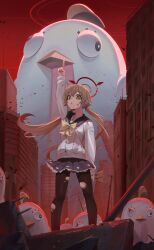 1girl absurdres arm_up black_pantyhose blue_archive blue_skirt broken_halo brown_eyes brown_hair cardigan city dark_persona frilled_skirt frills hair_between_eyes halo hifumi_(blue_archive) highres long_hair long_sleeves looking_at_viewer low_twintails miniskirt outdoors pantyhose peroro_(blue_archive) perorozilla_(blue_archive) pleated_skirt pointing pointing_up red_halo road ruins skirt standing street stuffed_animal stuffed_bird stuffed_toy torn_clothes torn_pantyhose twintails um_111 very_long_hair white_cardigan winged_halo