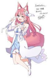 1girl ;d animal_ear_fluff animal_ears bare_shoulders blue_eyes blush collarbone commentary_request commission dated detached_sleeves dot_nose double_v dress earrings fang flower full_body hair_flower hair_ornament hands_up haru_(konomi_150) hizuki_rurufu jewelry long_hair looking_at_viewer one_eye_closed open_mouth pink_hair shoes signature simple_background skeb_commission skin_fang sleeveless sleeveless_dress smile snack_nili solo tail v virtual_youtuber white_background white_dress white_shoes white_sleeves wolf_ears wolf_girl wolf_tail