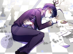 ahoge alicein_misono all_of_love all_of_love_(butterfly_form) bug butterfly chess_piece clock collar highres holding holding_chess_piece insect letter male_focus melde_(geranium_js) pants purple_eyes purple_hair purple_pants purple_shirt servamp shirt short_hair text_focus