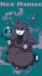 1girl @_@ absurdres afuron ahoge black_hair breasts character_name commentary_request dress duskull gastly gen_1_pokemon gen_2_pokemon gen_3_pokemon green_background hairband hex_maniac_(pokemon) highres long_sleeves looking_up misdreavus nintendo open_mouth outline pokemon pokemon_(creature) pokemon_xy purple_hairband shoes