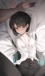 Rule 34 | 1girl, 1other, arms up, bed sheet, black hair, black pants, blue eyes, blush, braid, breasts, card, closed mouth, collared shirt, commission, dress shirt, frown, grabbing another&#039;s arm, gradient hair, highres, holding, holding card, long hair, long sleeves, looking at viewer, lying, muhae (dcnh8882), multicolored hair, no bra, on back, original, pants, partially unbuttoned, pov, pov hands, shirt, small breasts, solo focus, tearing up, v-shaped eyebrows, very long hair, white shirt