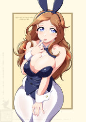 1girl animal_ear_hairband animal_ears blue_bow blue_bowtie blue_eyes blue_leotard bow bowtie breasts brown_hair cleavage detached_collar fake_animal_ears finger_to_mouth girls_und_panzer hairband highres ichijou_takakiyo isabe_(girls_und_panzer) large_breasts leotard long_hair pantyhose playboy_bunny rabbit_ears solo strapless strapless_leotard wavy_hair white_pantyhose wrist_cuffs