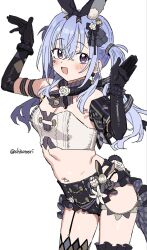 Rule 34 | 1girl, :d, arms up, black gloves, black skirt, blue hair, blush, breasts, character request, cleavage, copyright request, corset, cowboy shot, elbow gloves, garter straps, gloves, hair between eyes, hair tie, highres, long hair, looking at viewer, navel, open mouth, purple eyes, shisoneri, simple background, single garter strap, skirt, small breasts, smile, solo, twintails, twitter username, white background, white corset
