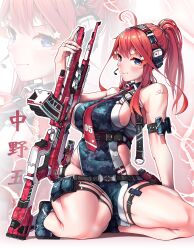 1girl 5hibu05 absurdres alternate_costume alternate_hairstyle arm_strap arm_support assault_rifle bare_shoulders blue_eyes blush breasts camouflage_dress camouflage_shoes character_name china_dress chinese_clothes closed_mouth collared_dress commentary_request dress earphones full_body go-toubun_no_hanayome gun hair_ornament high_ponytail highres jewelry kneeling large_breasts lips long_hair looking_at_viewer nakano_itsuki necktie pelvic_curtain ponytail profile red_hair red_necktie rifle ring shoes side_slit sideboob signature sleeveless sleeveless_dress solo star_(symbol) star_hair_ornament thick_thighs thigh_strap thighs weapon wireless_microphone zoom_layer