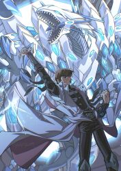 1boy absurdres arm_above_head belt black_pants black_shirt blue-eyes_chaos_max_dragon blue_eyes brown_hair coat dragon duel_disk duel_monster grey_eyes high_collar highres kaiba_seto looking_down open_mouth pants sharp_teeth shirt short_hair skmkst sleeveless sleeveless_coat teeth tongue white_coat yu-gi-oh! yu-gi-oh!_the_dark_side_of_dimensions
