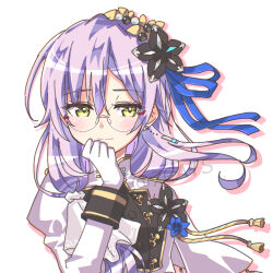7cats blush flower glasses green_eyes grey_hair hair_flower hair_ornament hair_over_shoulder hairclip heaven_burns_red izumi_yuki_(heaven_burns_red) long_hair long_sleeves low-tied_long_hair round_eyewear