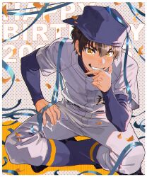 Rule 34 | 1boy, ace of diamond, backwards hat, baseball uniform, border, brown hair, commentary request, happy birthday, hat, highres, layered sleeves, long sleeves, looking at viewer, male focus, sato (sato 1 11), sawamura eijun, short hair, short over long sleeves, short sleeves, sitting, smile, solo, sportswear, teeth, white border, yellow eyes