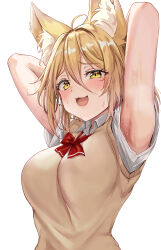 1girl :3 ahoge amagi_(amagi626) animal_ear_fluff animal_ears armpit_focus armpits arms_behind_head arms_up blonde_hair blush bow bowtie breasts brown_sweater_vest commentary_request fox_ears highres kudamaki_tsukasa large_breasts medium_hair presenting_armpit red_bow red_bowtie school_uniform shirt short_sleeves simple_background solo sweat sweater_vest touhou upper_body white_background white_shirt yellow_eyes