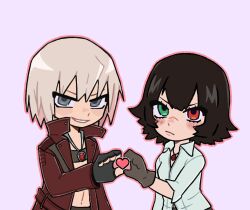 Rule 34 | 1boy, 1girl, black hair, blush, coat, dante (devil may cry), devil may cry, devil may cry (series), devil may cry 3, fingerless gloves, gloves, green eyes, heart, heart hands, heterochromia, highres, iluvmyhamster69, jewelry, lady (devil may cry), looking at viewer, necklace, no shirt, purple background, red coat, red eyes, scar, scar on face, scar on nose, shirt, simple background, white hair, white shirt