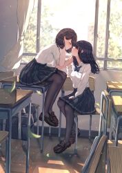 2girls absurdres bag benevole black_hair black_pantyhose black_skirt blue_bow blue_bowtie blush bow bowtie breast_pocket breasts brown_hair brown_shoes chair classroom commentary_request curtains desk eye_contact falling_leaves hand_in_another&#039;s_hair highres holding_another&#039;s_wrist imminent_kiss leaf loafers long_hair looking_at_another medium_breasts medium_hair multiple_girls on_chair on_desk original pantyhose pleated_skirt pocket school_bag school_chair school_desk school_uniform shirt shoes sidelocks sitting skirt white_shirt wings yuri