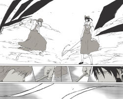 2girls bleach comic greyscale grimmjow_jaegerjaquez hakurei_reimu haraegushi kochiya_sanae kurosaki_ichigo monochrome multiple_girls oonusa parody style_parody torinone touhou translation_request vs