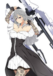 1girl absurdres arm_up artist_name assault_lily bare_shoulders black_dress black_pantyhose breasts cleavage closed_mouth commentary_request cowboy_shot cross-laced_clothes cross-laced_dress dress floral_print frilled_dress frills grey_hair hair_between_eyes hand_up hata_matsuri highres holding holding_behind_back holding_weapon holding_weapon_behind_back lace_pantyhose lace_sleeves large_breasts layered_dress layered_sleeves light_blush long_sleeves looking_ahead medium_hair off-shoulder_dress off_shoulder pantyhose pleated_dress print_pantyhose print_sleeves purple_eyes senri_(senri03151221) short_sleeves simple_background sleeves_past_wrists solo standing two-tone_dress weapon white_background white_dress