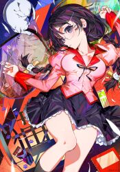 bakemonogatari bakeneko black_eyes black_hair black_socks book braid breasts broken_glass broken_mirror candy cat cat_hair_ornament cellphone chocolate chocolate_bar collarbone curvy food glass glasses hair_between_eyes hair_ornament hair_ribbon hanekawa_tsubasa highres large_breasts long_hair long_sleeves lying mika_pikazo mirror monogatari_(series) naoetsu_high_school_uniform on_back open_mouth phone ribbon school_uniform socks teeth thighs twin_braids