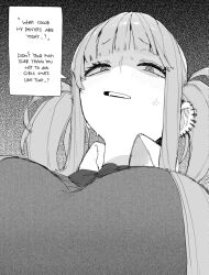 1girl anger_vein ear_piercing english_text from_below greyscale monochrome ohasi original piercing solo talking twintails