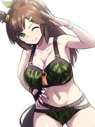Rule 34 | 1girl, animal ears, bikini, black gloves, breasts, brown hair, cleavage, fingerless gloves, gloves, green bikini, green eyes, highres, horse ears, horse girl, horse tail, ines fujin (umamusume), large breasts, leaf print, long hair, multi-strapped bikini bottom, navel, official alternate costume, pataneet, ponytail, simple background, single glove, solo, swimsuit, tail, umamusume, white background