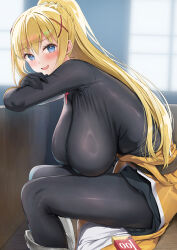 Rule 34 | 1girl, asahina hikage, black bodysuit, black gloves, blonde hair, blue eyes, blush, bodysuit, breasts, cape, condom box, darkness (konosuba), gloves, hair between eyes, hair ornament, highres, huge breasts, kono subarashii sekai ni shukufuku wo!, long hair, looking at viewer, open mouth, ponytail, sagging breasts, smile, solo, waist cape, x hair ornament, yellow cape