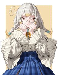 1girl absurdres blonde_hair blue_bow blue_skirt bow bowtie braid buttons center_frills colored_tips emo37337640 frills glasses grey_hair hair_bow high-waist_skirt highres kanna_yanagi multicolored_hair orange_bow orange_bowtie pixellink plaid_clothes plaid_skirt second-party_source semi-rimless_eyewear shirt skirt smile solo twin_braids virtual_youtuber white_shirt yellow_eyes
