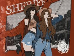 2girls absurdres aerith_gainsborough almondtofu_boy alternate_costume belt black_belt black_footwear black_thighhighs blue_shirt boots border brown_hair choker collared_shirt cowboy_hat cowboy_shot cowboy_western crop_top denim denim_shorts final_fantasy final_fantasy_vii flannel fringe_trim green_eyes hair_between_eyes hair_over_shoulder hat highres jeans long_hair looking_at_viewer midriff multiple_girls pants parted_bangs parted_lips plaid_clothes plaid_shirt red_border red_eyes red_shirt sheriff_(western) shirt shirt_partially_removed shorts smile thighhighs tifa_lockhart twitter_username white_choker