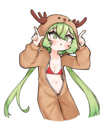 1girl :o alternate_costume bikini bikini_under_clothes blush breasts commentary_request cosplay cowboy_shot cropped_legs deer_hood fake_antlers green_eyes green_hair hch_cheol highres hood hood_up horns_pose korean_commentary long_hair low_twintails mahjong_soul onesie open_clothes open_mouth red_bikini rudolph_the_red_nosed_reindeer rudolph_the_red_nosed_reindeer_(cosplay) simple_background small_breasts solo swimsuit twintails white_background yuzu_(mahjong_soul)