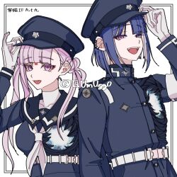 1boy 1girl armband brother_and_sister collarbone ear_piercing earrings hand_up highres japanese_text jewelry last_defense_academy_school_uniform looking_at_viewer open_mouth piercing pink_eyes pink_hair purple_hair siblings signature simple_background smile standing teeth the_hundred_line_-last_defense_academy- tsukumo_ima tsukumo_kako twins twitter_username upper_teeth_only white_background