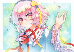 1girl black_hairband blue_shirt blush closed_mouth collared_shirt falling_petals frilled_shirt_collar frilled_sleeves frills green_background hair_between_eyes hair_ornament hairband heart heart_hair_ornament highres komeiji_satori long_sleeves looking_at_viewer petals pink_eyes pink_hair ribbon-trimmed_collar ribbon_trim rinka_(qqqrinkappp) shirt short_hair solo third_eye touhou traditional_media upper_body wide_sleeves