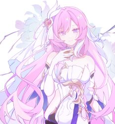 1girl black_shorts breasts chinese_commentary clothing_cutout commentary_request corset elysia_(herrscher_of_human:_ego)_(honkai_impact) elysia_(honkai_impact) gloves hongshao_zhi_yu honkai_(series) honkai_impact_3rd large_breasts long_hair looking_at_viewer pink_hair purple_eyes shorts side_cutout smile solo triquetra upper_body veil very_long_hair white_background white_corset white_gloves white_veil