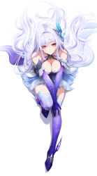1girl absurdres bare_shoulders breasts cleavage commentary dress elbow_gloves from_above genshin_impact gloves hair_spread_out hand_on_own_knee highres knee_up large_breasts long_hair looking_up multicolored_hair parted_lips purple_gloves purple_hair purple_thighhighs red_eyes royboy simple_background sitting skirk_(genshin_impact) solo symbol-only_commentary thighhighs two-tone_hair white_background white_dress white_hair